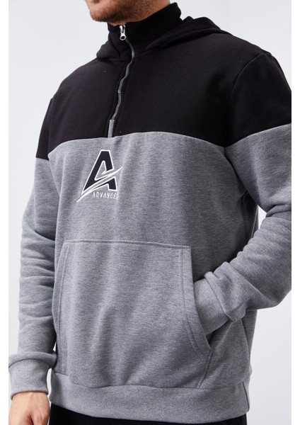 Gri Melanj Erkek Yarım Fermuar Standart Kalıp Kapüşonlu Sweatshirt - 88033