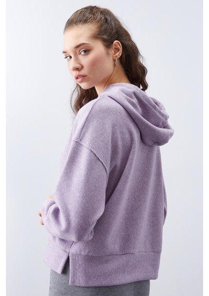 Eflatun Kapüşonlu Yazı Nakışlı Selanik Kadın Oversize Sweatshirt - 97192