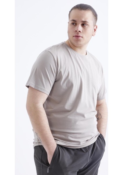 Koyu Bej Basic Kısa Kol O Yaka Büyük Beden Erkek T-Shirt - 88072