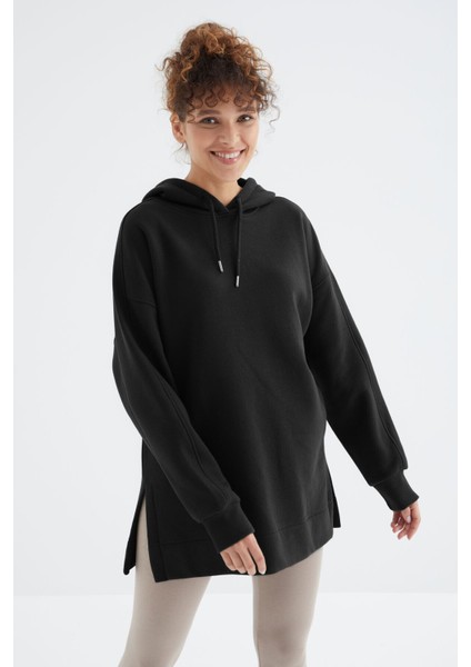 Siyah Reglan Kol Basic Kapüşonlu Oversize Tunik - 97242