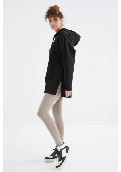 Siyah Reglan Kol Basic Kapüşonlu Oversize Tunik - 97242