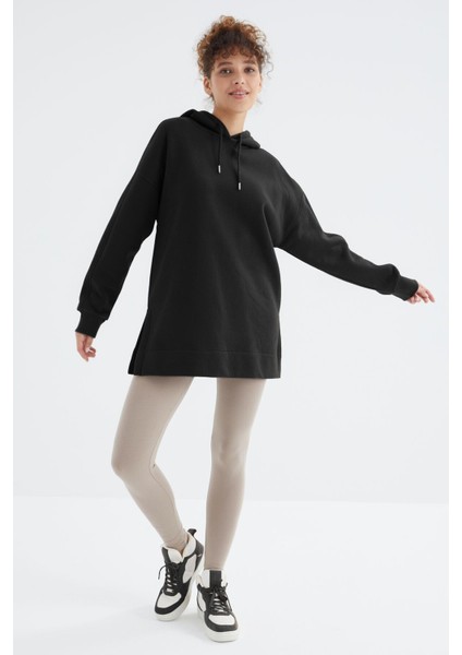 Siyah Reglan Kol Basic Kapüşonlu Oversize Tunik - 97242