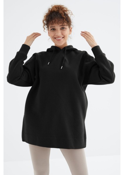 Siyah Reglan Kol Basic Kapüşonlu Oversize Tunik - 97242