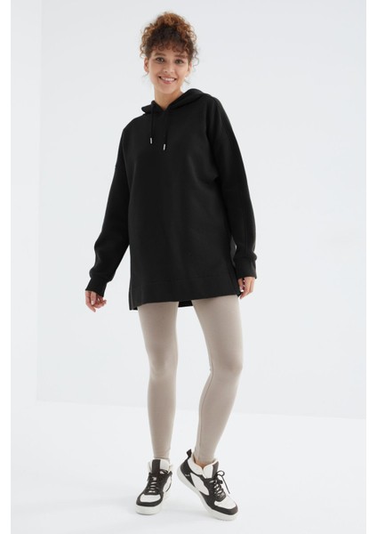 Siyah Reglan Kol Basic Kapüşonlu Oversize Tunik - 97242