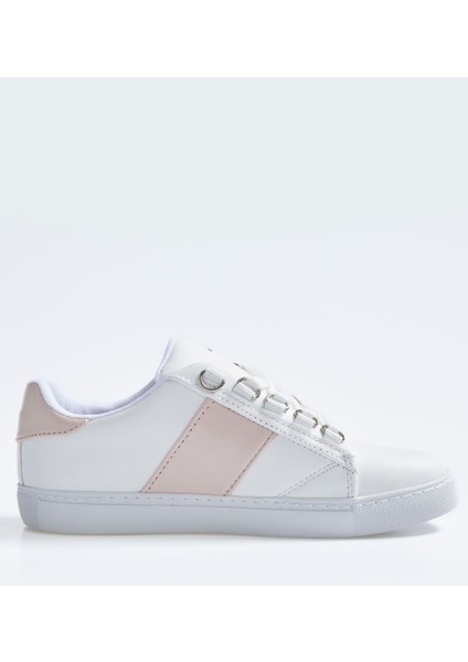 Tommy Life Beyaz - Pembe Bağcıklı Şerit Detaylı Suni Deri Kadın Spor Ayakkabı - 89202