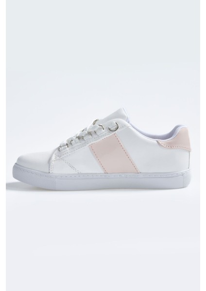 Tommy Life Beyaz - Pembe Bağcıklı Şerit Detaylı Suni Deri Kadın Spor Ayakkabı - 89202