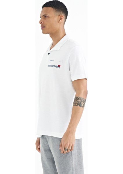 Tommy Life Beyaz Yazı Baskılı Standart Form Polo Yaka Erkek T-shirt - 88236