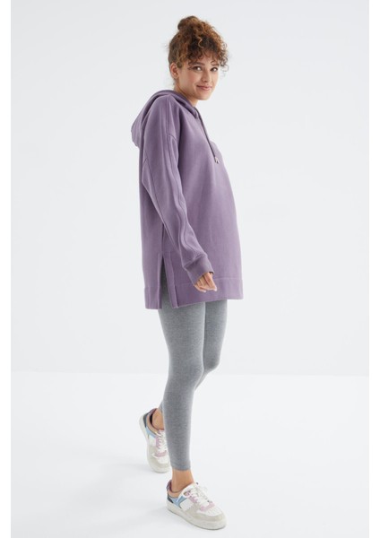 Eflatun Reglan Kol Basic Kapüşonlu Oversize Tunik - 97242