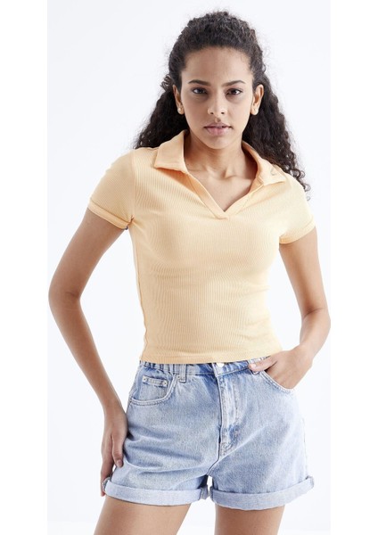 Kavun Içi Polo Yaka Basic Kısa Kollu Kadın Crop Top T-Shirt - 97208