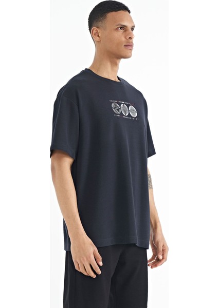 Lacivert Ön Arka Baskılı O Yaka Oversize Erkek T-shirt - 88224