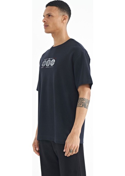 Lacivert Ön Arka Baskılı O Yaka Oversize Erkek T-shirt - 88224