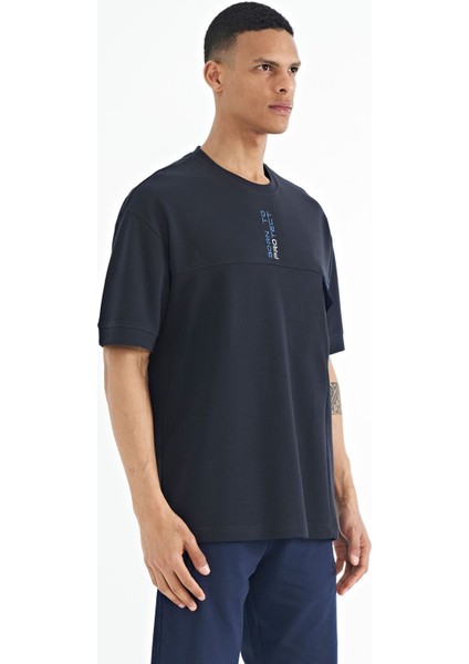 Lacivert Gizli Cep Detaylı Baskılı Oversize Erkek T-shirt - 88244