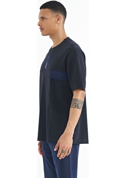 Lacivert Gizli Cep Detaylı Baskılı Oversize Erkek T-shirt - 88244