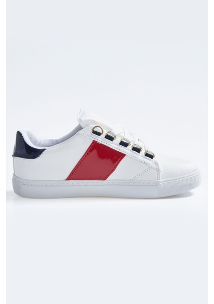 Tommy Life Beyaz - Lacivert Bağcıklı Şerit Detaylı Suni Deri Kadın Spor Ayakkabı - 89202
