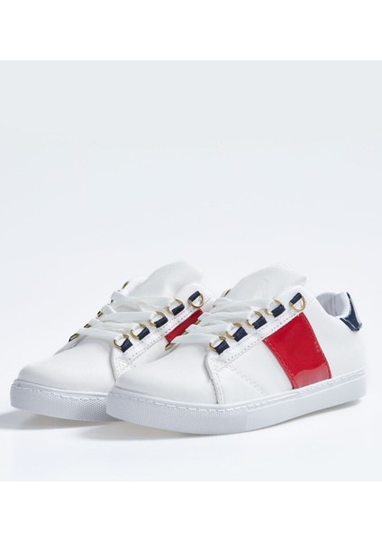 Tommy Life Beyaz - Lacivert Bağcıklı Şerit Detaylı Suni Deri Kadın Spor Ayakkabı - 89202 fiyatları