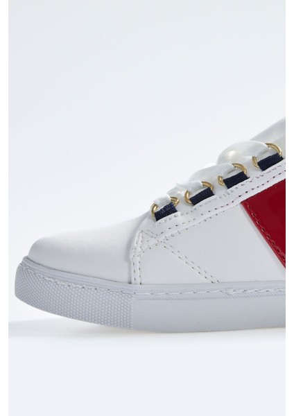 Tommy Life Beyaz - Lacivert Bağcıklı Şerit Detaylı Suni Deri Kadın Spor Ayakkabı - 89202 modelleri