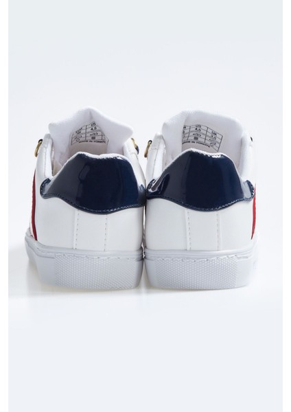 Tommy Life Beyaz - Lacivert Bağcıklı Şerit Detaylı Suni Deri Kadın Spor Ayakkabı - 89202