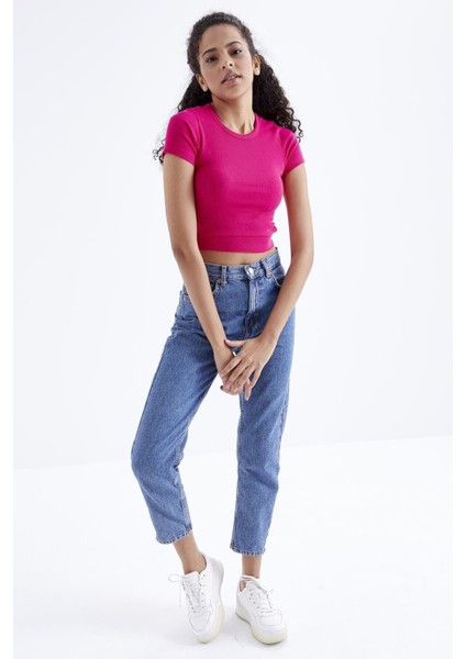 Fuşya Basic Yanı Pencereli O Yaka Kadın Crop Top T-Shirt - 97207