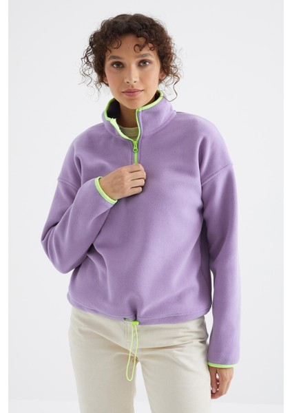 Açık Eflatun Yarım Fermuar Etek Ucu Büzgülü Dik Yaka Oversize Kadın Polar Sweatshirt - 97234 modelleri