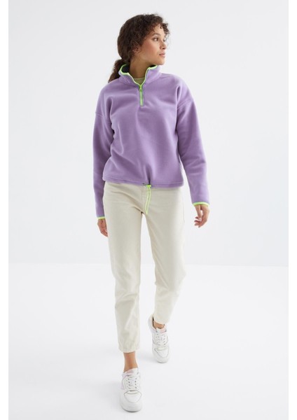 Açık Eflatun Yarım Fermuar Etek Ucu Büzgülü Dik Yaka Oversize Kadın Polar Sweatshirt - 97234 fırsatları