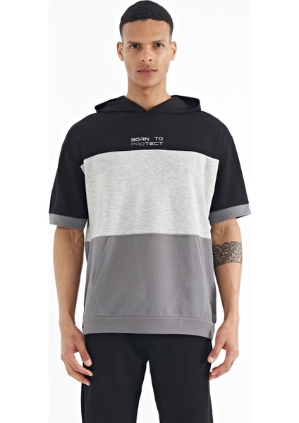 Tommy Life Koyu Gri Kapüşonlu Baskı Detaylı Oversize Erkek T-shirt - 88191