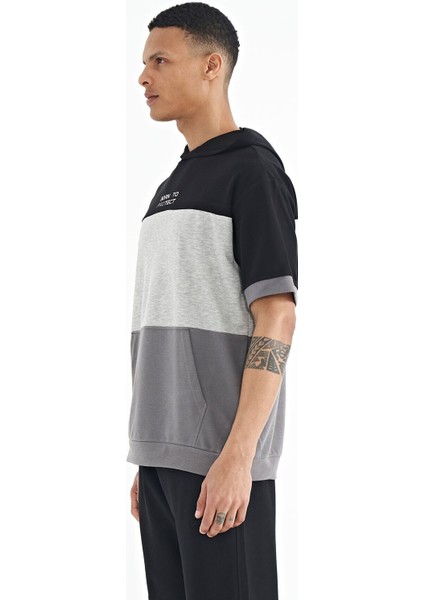 Tommy Life Koyu Gri Kapüşonlu Baskı Detaylı Oversize Erkek T-shirt - 88191