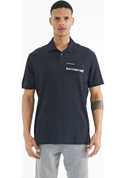 Tommy Life Lacivert Yazı Baskılı Standart Form Polo Yaka Erkek T-shirt - 88236