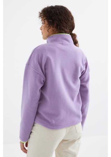 Açık Eflatun Yarım Fermuar Etek Ucu Büzgülü Dik Yaka Oversize Kadın Polar Sweatshirt - 97234