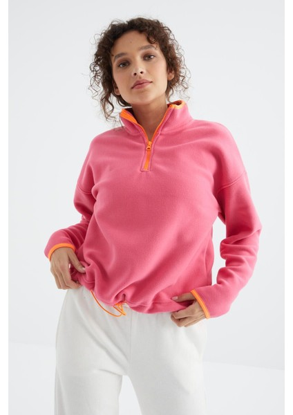 Şeker Pembe Yarım Fermuar Etek Ucu Büzgülü Dik Yaka Oversize Kadın Polar Sweatshirt - 97234