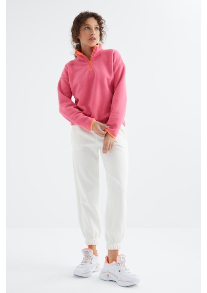 Şeker Pembe Yarım Fermuar Etek Ucu Büzgülü Dik Yaka Oversize Kadın Polar Sweatshirt - 97234 fiyatları