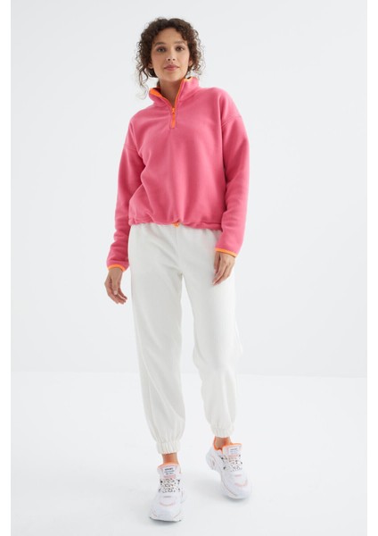 Şeker Pembe Yarım Fermuar Etek Ucu Büzgülü Dik Yaka Oversize Kadın Polar Sweatshirt - 97234 fırsatları