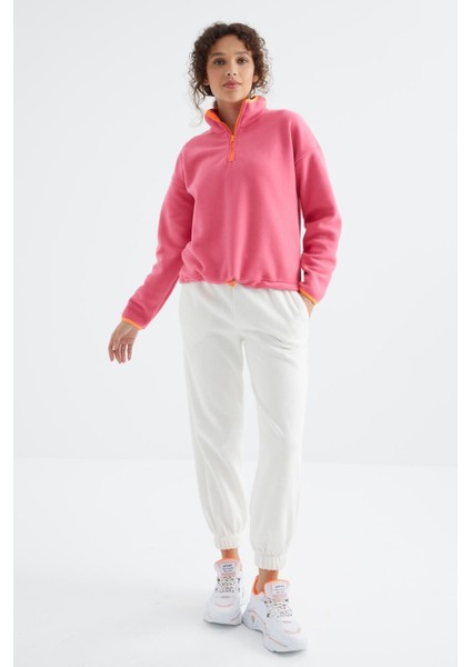 Şeker Pembe Yarım Fermuar Etek Ucu Büzgülü Dik Yaka Oversize Kadın Polar Sweatshirt - 97234