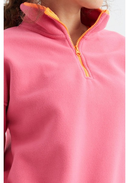 Şeker Pembe Yarım Fermuar Etek Ucu Büzgülü Dik Yaka Oversize Kadın Polar Sweatshirt - 97234