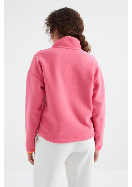 Şeker Pembe Yarım Fermuar Etek Ucu Büzgülü Dik Yaka Oversize Kadın Polar Sweatshirt - 97234