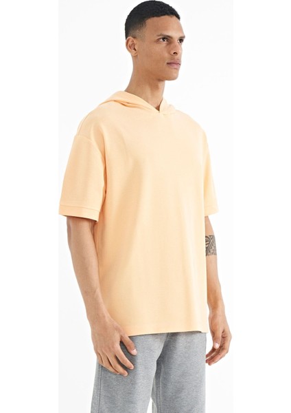 Kavun Içi Kapüşonlu Kol Etiket Detaylı Oversize Erkek T-shirt - 88179 modelleri