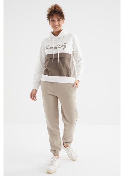 Koyu Bej Yüksek Bel Şardonlu 3 İplik Pamuklu Basic Kadın Eşofman Alt - 94624