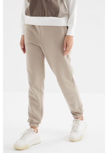 Koyu Bej Yüksek Bel Şardonlu 3 İplik Pamuklu Basic Kadın Eşofman Alt - 94624 fiyatları