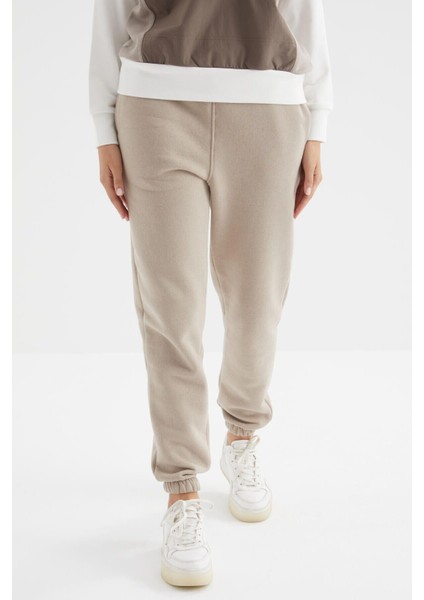 Koyu Bej Yüksek Bel Şardonlu 3 İplik Pamuklu Basic Kadın Eşofman Alt - 94624 fırsatları