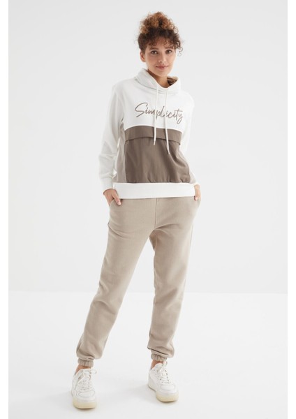 Koyu Bej Yüksek Bel Şardonlu 3 İplik Pamuklu Basic Kadın Eşofman Alt - 94624 indirimleri