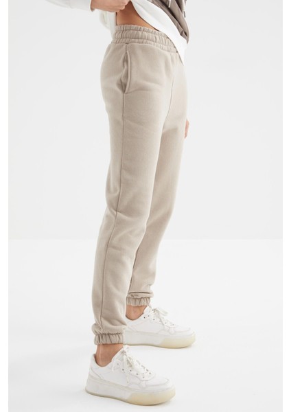 Koyu Bej Yüksek Bel Şardonlu 3 İplik Pamuklu Basic Kadın Eşofman Alt - 94624