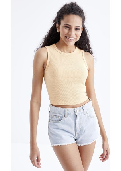 Kavun Içi Basic Kolsuz O Yaka Kadın Crop Top Atlet - 97204