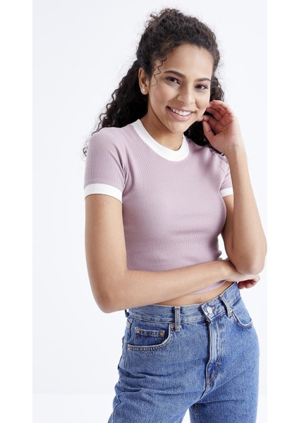 Gül Kurusu Basic Kol Detaylı O Yaka Kadın Crop Top T-Shirt - 97200
