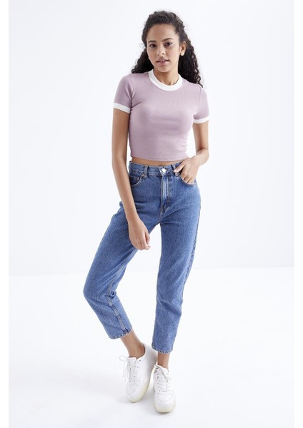 Gül Kurusu Basic Kol Detaylı O Yaka Kadın Crop Top T-Shirt - 97200