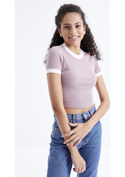 Gül Kurusu Basic Kol Detaylı O Yaka Kadın Crop Top T-Shirt - 97200