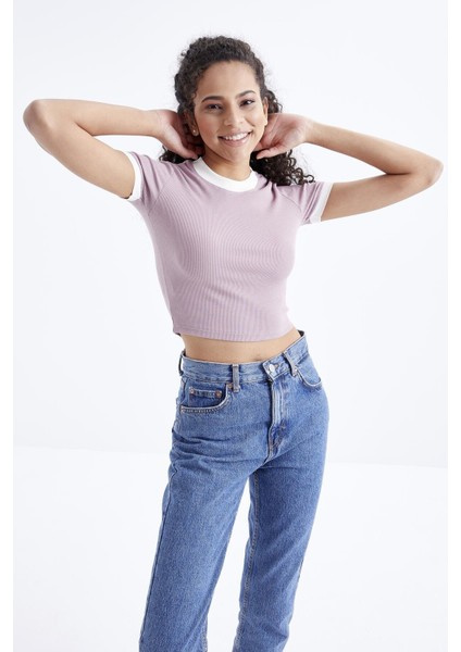 Gül Kurusu Basic Kol Detaylı O Yaka Kadın Crop Top T-Shirt - 97200