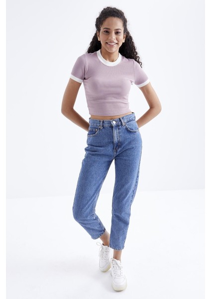 Gül Kurusu Basic Kol Detaylı O Yaka Kadın Crop Top T-Shirt - 97200