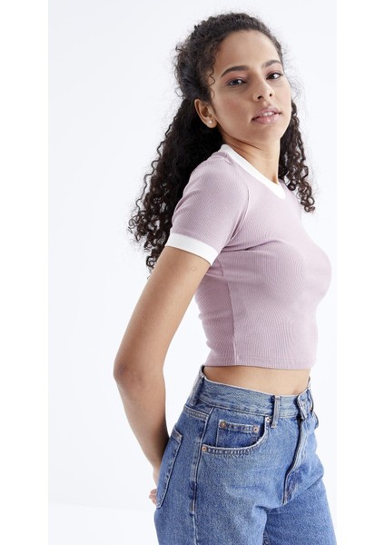 Gül Kurusu Basic Kol Detaylı O Yaka Kadın Crop Top T-Shirt - 97200