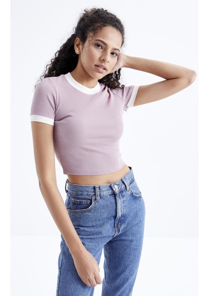 Gül Kurusu Basic Kol Detaylı O Yaka Kadın Crop Top T-Shirt - 97200