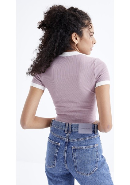 Gül Kurusu Basic Kol Detaylı O Yaka Kadın Crop Top T-Shirt - 97200