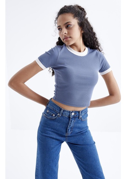 Petrol Basic Kol Detaylı O Yaka Kadın Crop Top T-Shirt - 97200